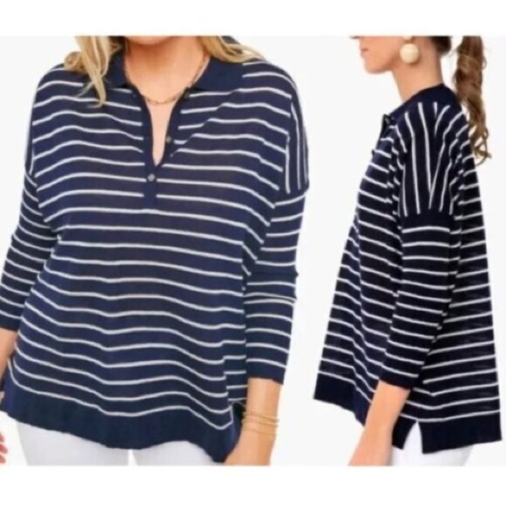 Tuckernuck Navy Stripe Clayton Knit Polo Shirt Long Sleeve Tencel/Linen sz XS/S